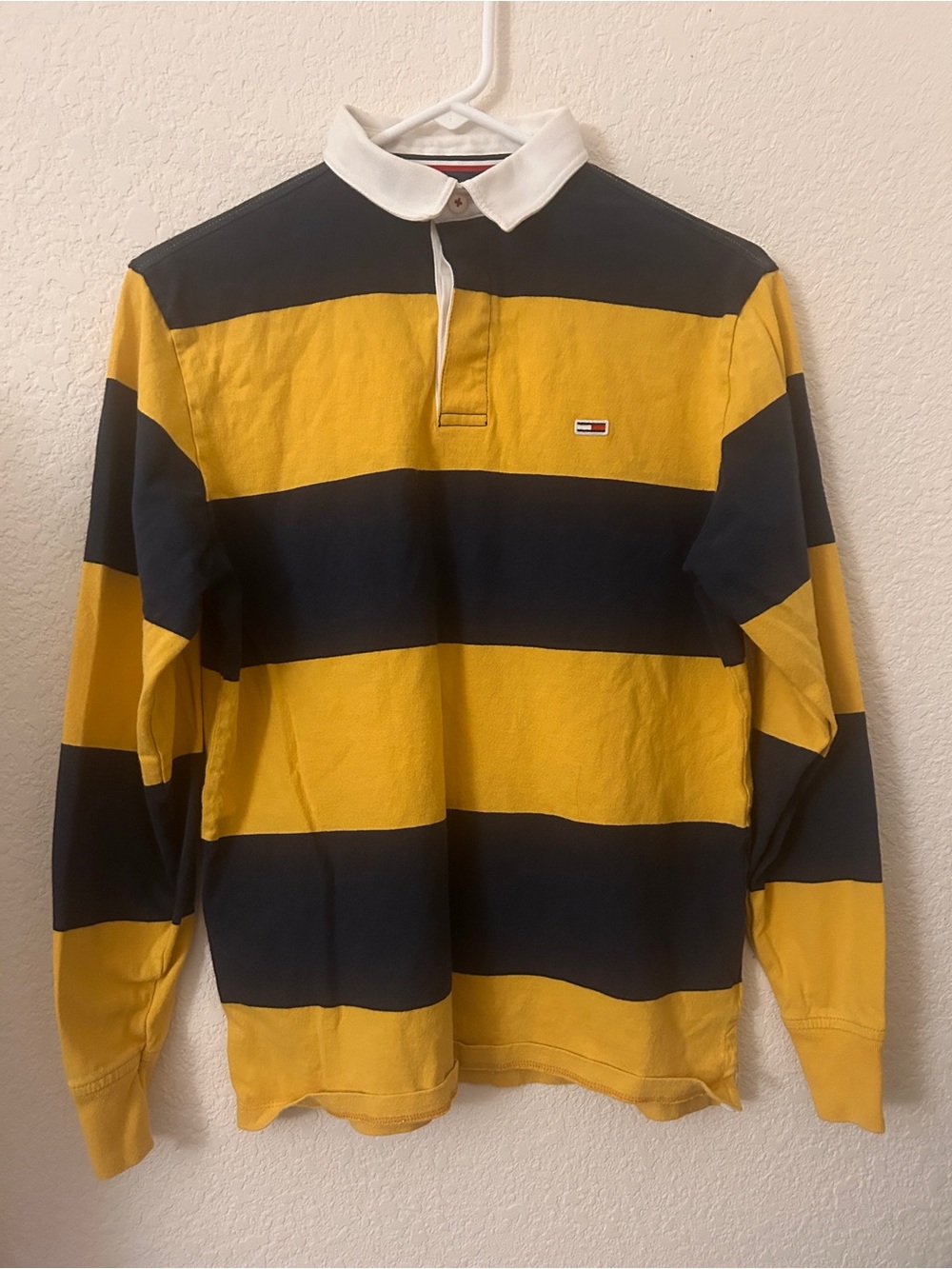 Y2K Tommy Jeans Yellow Navy Stripe Rugby Top XS